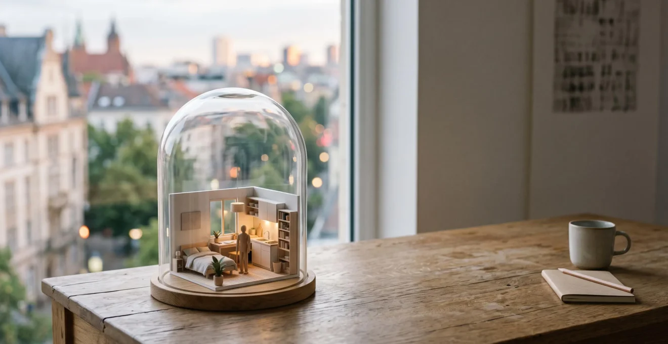 Petite maquette de studio protegee sous un dome de verre symbolisant l'assurance proprietaire bailleur