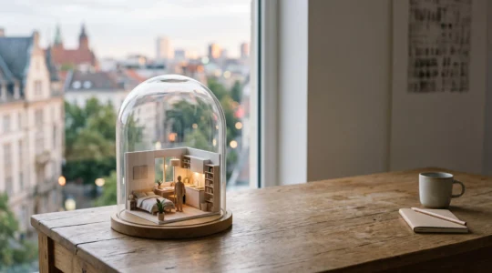 Petite maquette de studio protegee sous un dome de verre symbolisant l'assurance proprietaire bailleur