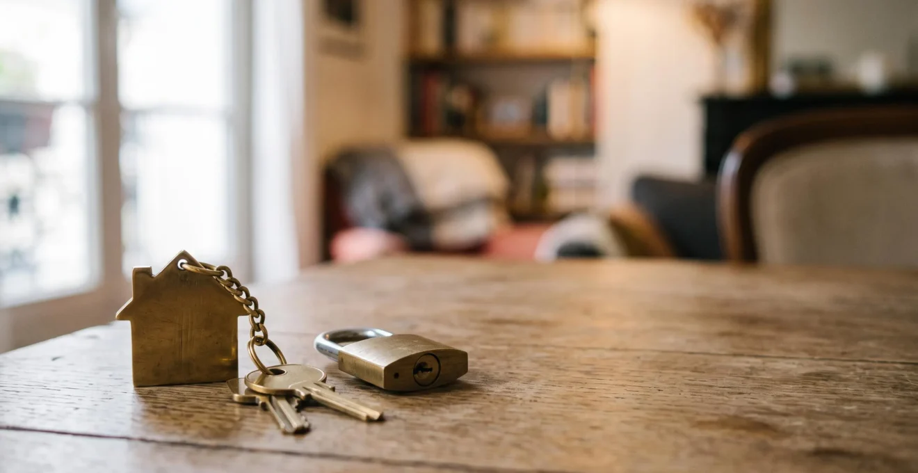 Photographie symbolique d'un trousseau de clés et d'un petit cadenas en laiton posés sur une table en bois, illustrant la sécurité juridique d'un bail de location bien rédigé