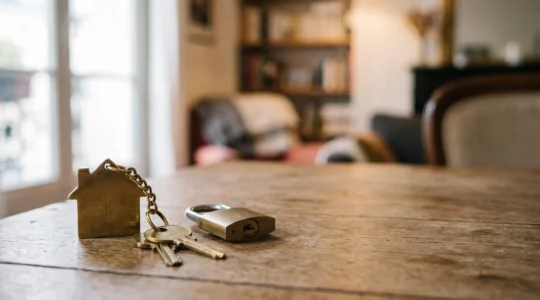 Photographie symbolique d'un trousseau de clés et d'un petit cadenas en laiton posés sur une table en bois, illustrant la sécurité juridique d'un bail de location bien rédigé