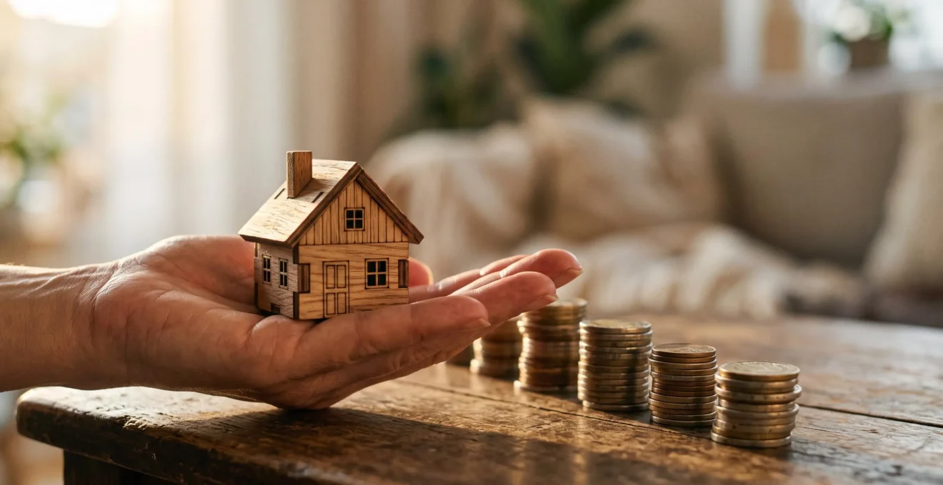Petite maquette de maison en bois protégée par une main ouverte à côté de piles de pièces, symbolisant l'économie réalisée sur l'assurance de prêt immobilier