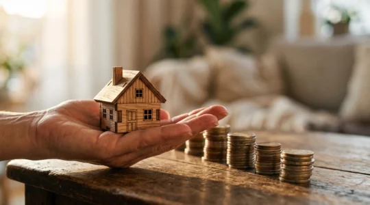 Petite maquette de maison en bois protégée par une main ouverte à côté de piles de pièces, symbolisant l'économie réalisée sur l'assurance de prêt immobilier