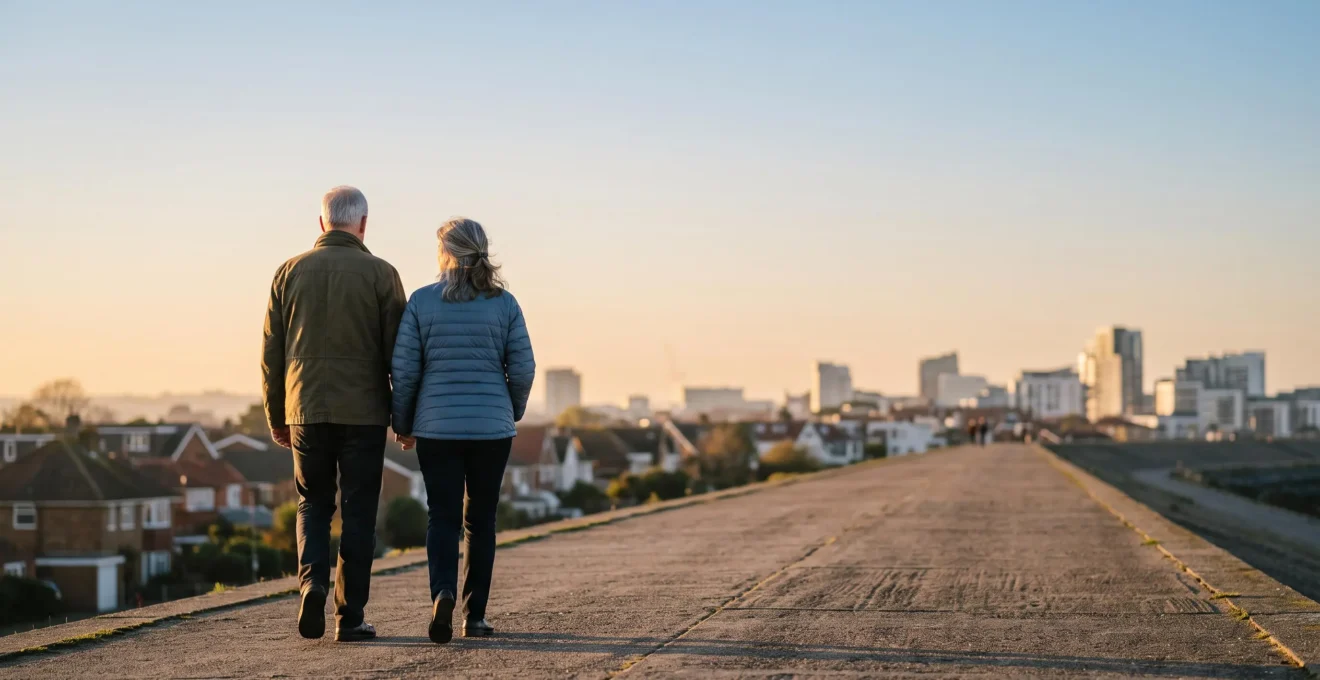 Couple mature marchant sur un chemin qui s'étend vers un horizon urbain, symbolisant une trajectoire patrimoniale de long terme