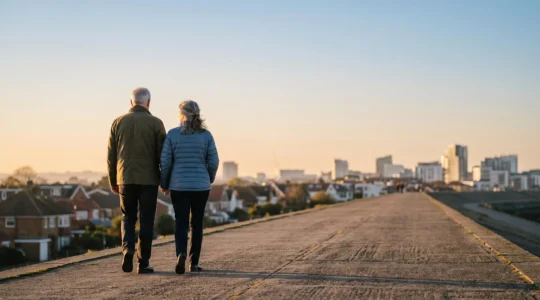 Couple mature marchant sur un chemin qui s'étend vers un horizon urbain, symbolisant une trajectoire patrimoniale de long terme