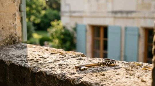 Clé ancienne en laiton posée sur le rebord en pierre d'une maison rénovée, symbolisant la transmission d'un patrimoine immobilier valorisé