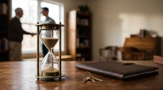 Famille et notaire échangeant sereinement autour d'une table pour accélérer le règlement d'une succession