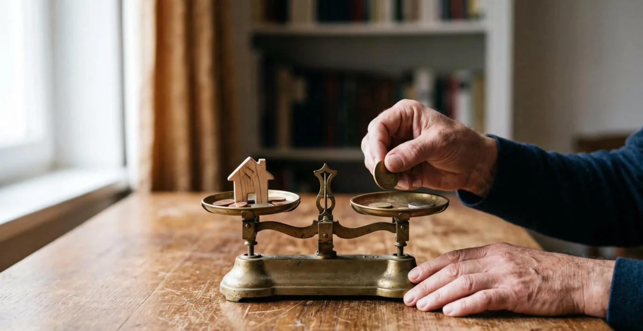 Vue editoriale symbolisant l'equilibre entre actifs, passifs et decisions patrimoniales