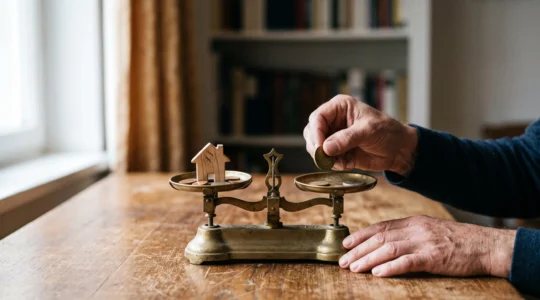 Vue editoriale symbolisant l'equilibre entre actifs, passifs et decisions patrimoniales
