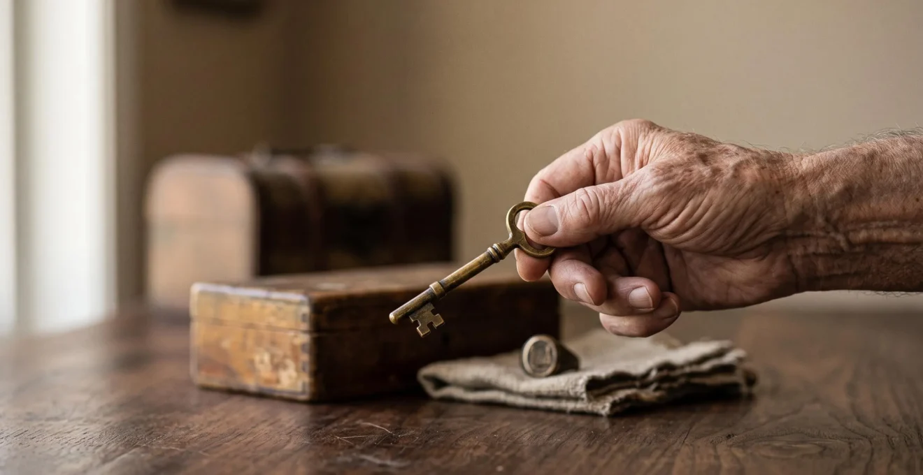 Photographie symbolique d'une main tenant une ancienne clé en laiton au-dessus d'objets personnels d'une succession, illustrant les droits du légataire
