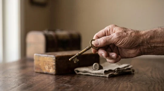 Photographie symbolique d'une main tenant une ancienne clé en laiton au-dessus d'objets personnels d'une succession, illustrant les droits du légataire