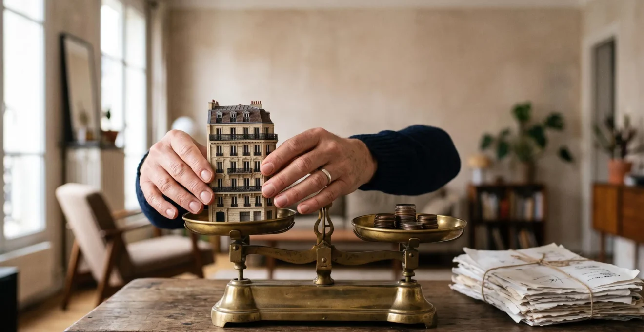 Investisseur immobilier comparant plusieurs options de financement pour un achat locatif, symbolisées par une maquette de maison et des documents financiers flous