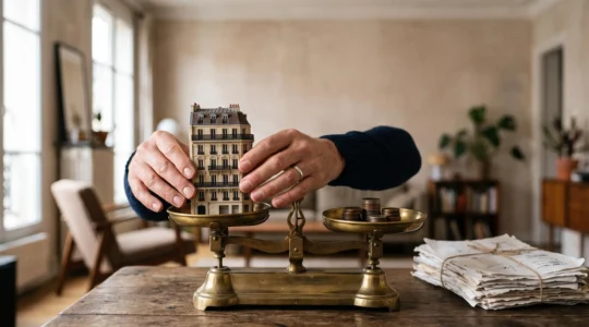 Investisseur immobilier comparant plusieurs options de financement pour un achat locatif, symbolisées par une maquette de maison et des documents financiers flous