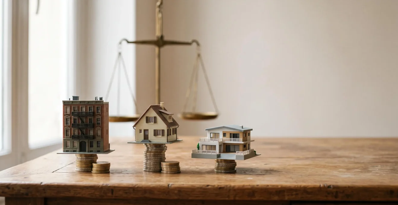 Trois maquettes de maisons miniatures disposées sur une table en bois à côté de piles de pièces et de documents flous, symbolisant la gestion d'un portefeuille de biens immobiliers