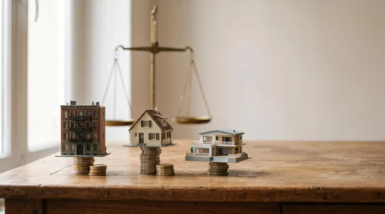 Trois maquettes de maisons miniatures disposées sur une table en bois à côté de piles de pièces et de documents flous, symbolisant la gestion d'un portefeuille de biens immobiliers