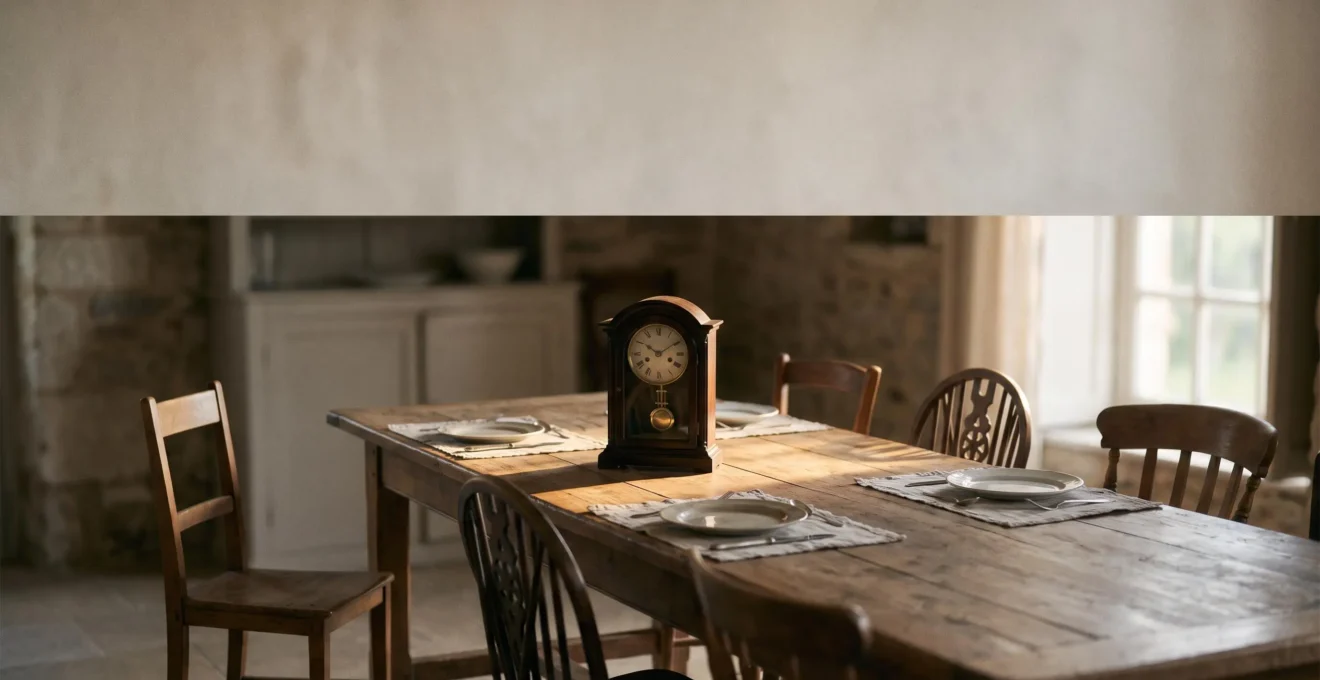 Table familiale avec des chaises vides disposées de façon asymétrique, symbolisant la fracture possible d'un héritage mal préparé