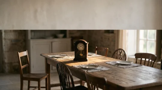 Table familiale avec des chaises vides disposées de façon asymétrique, symbolisant la fracture possible d'un héritage mal préparé