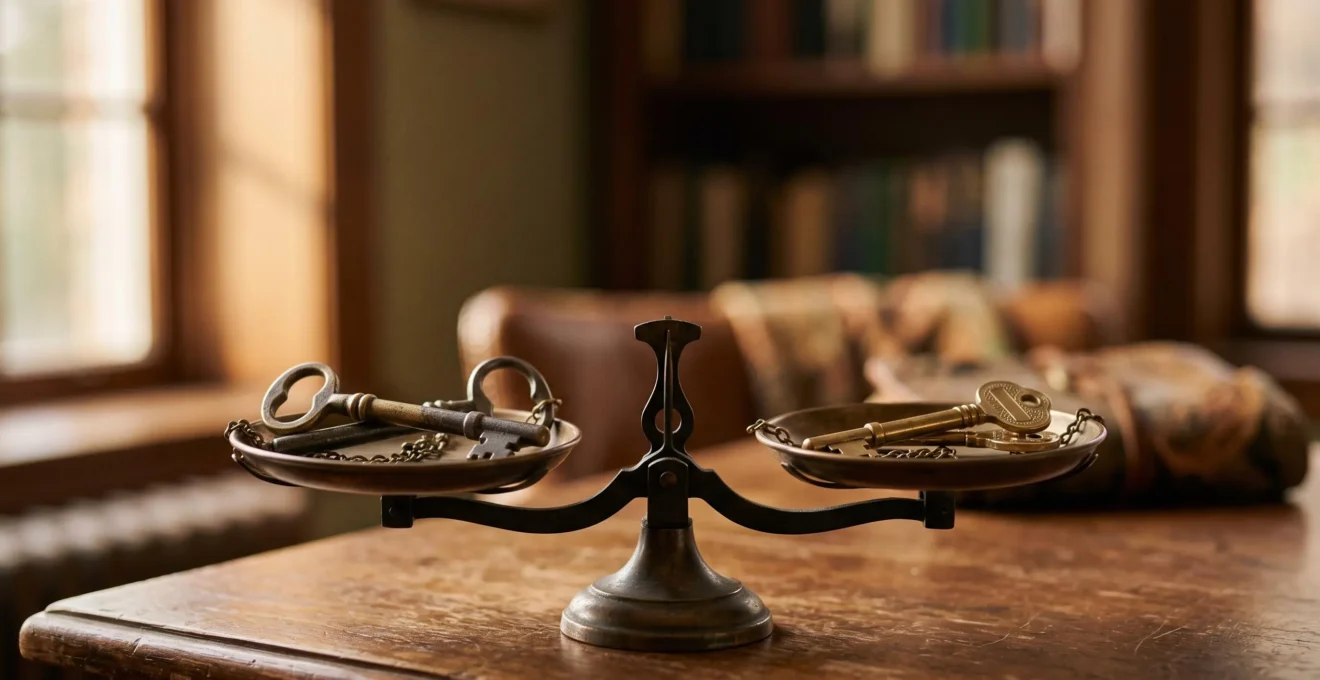 Deux clés de maison en métal différent posées en équilibre sur une balance, symbolisant le choix entre hypothèque et privilège de prêteur de deniers pour garantir un prêt immobilier