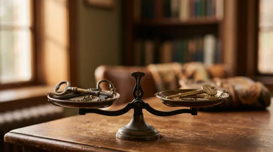 Deux clés de maison en métal différent posées en équilibre sur une balance, symbolisant le choix entre hypothèque et privilège de prêteur de deniers pour garantir un prêt immobilier