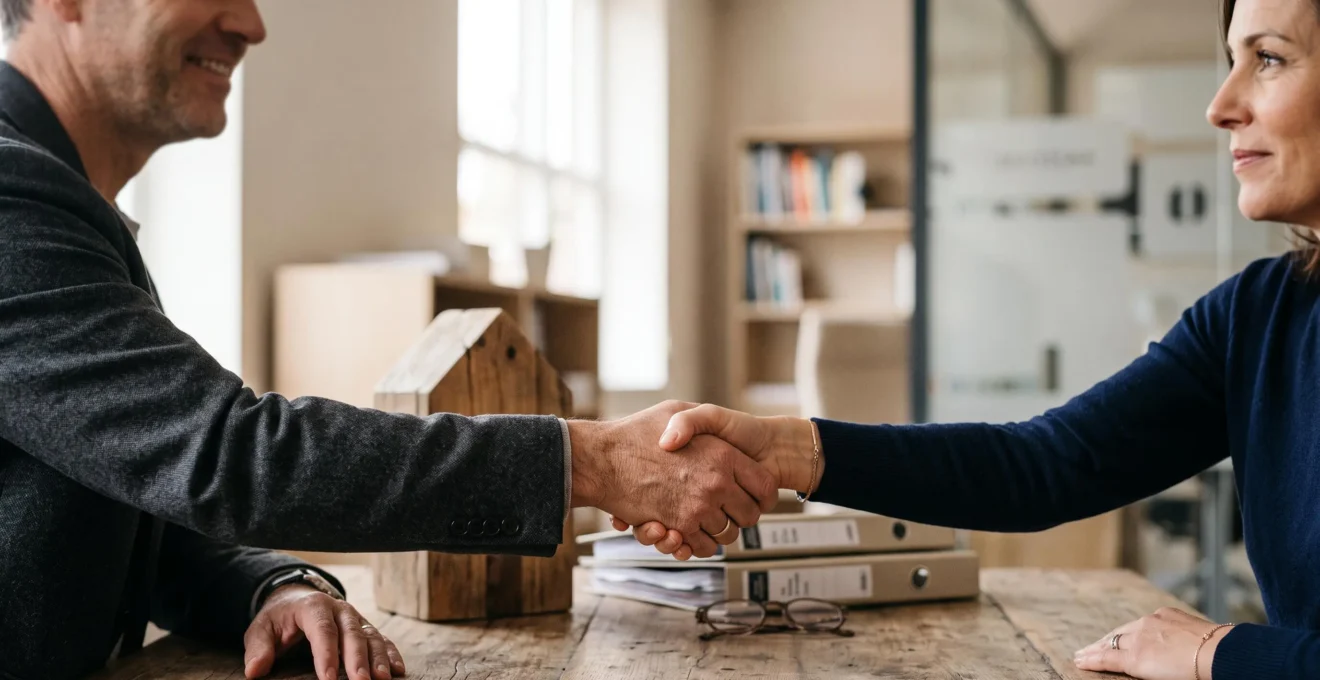 Poignée de main symbolisant la négociation réussie d'un taux de prêt immobilier entre un client et un conseiller bancaire