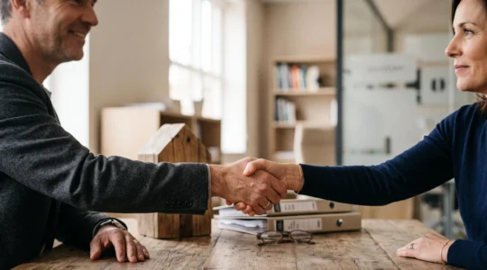 Poignée de main symbolisant la négociation réussie d'un taux de prêt immobilier entre un client et un conseiller bancaire
