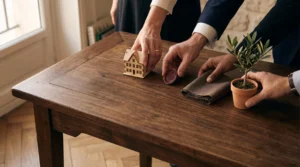 Plusieurs mains de professionnels se rejoignent symboliquement au-dessus d'une table élégante pour représenter la coordination d'une transmission de patrimoine complexe.