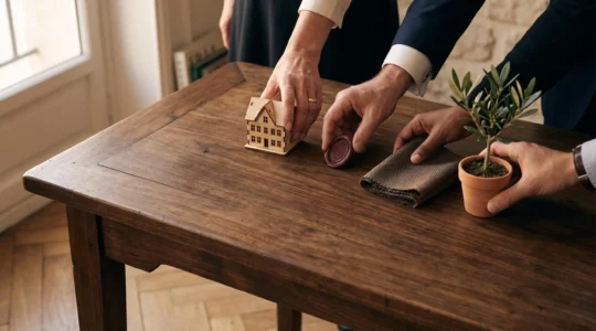 Plusieurs mains de professionnels se rejoignent symboliquement au-dessus d'une table élégante pour représenter la coordination d'une transmission de patrimoine complexe.