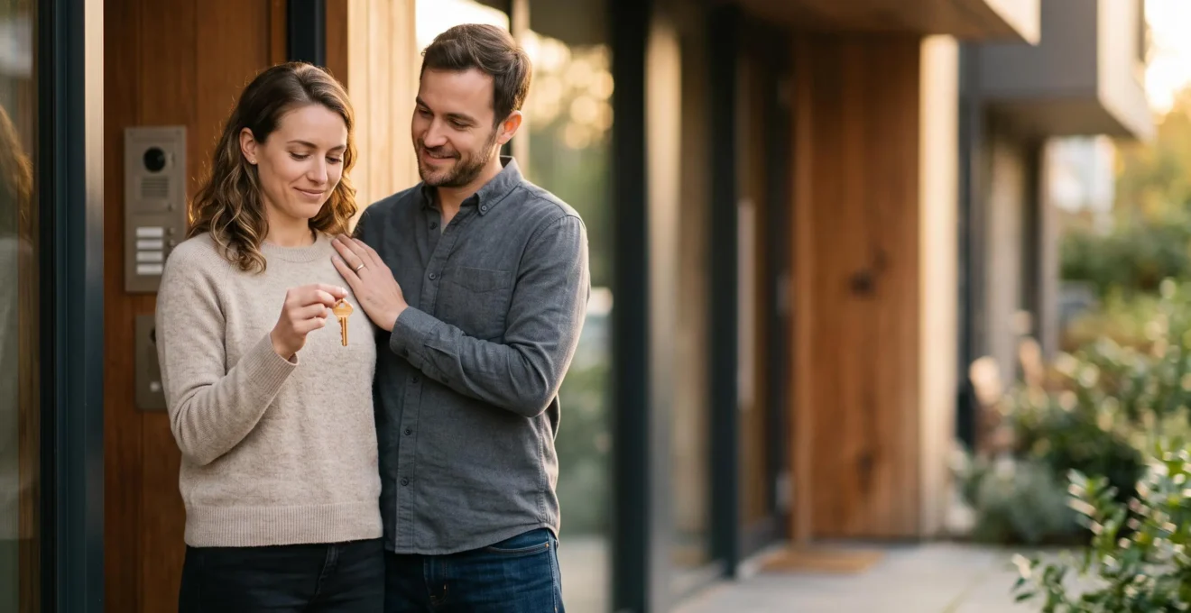 Jeune couple tenant les clés d'un premier appartement devant un immeuble résidentiel, symbole de l'accession à la propriété sans apport