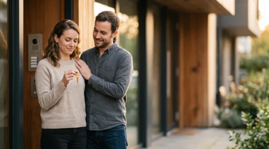 Jeune couple tenant les clés d'un premier appartement devant un immeuble résidentiel, symbole de l'accession à la propriété sans apport