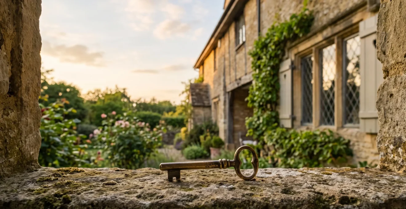 Maison de famille en pierre au crépuscule avec une clé ancienne posée sur un rebord de fenêtre, symbole de transmission patrimoniale