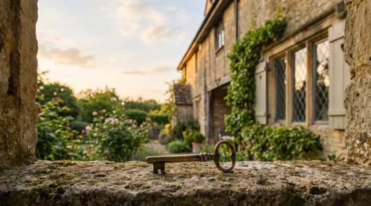 Maison de famille en pierre au crépuscule avec une clé ancienne posée sur un rebord de fenêtre, symbole de transmission patrimoniale