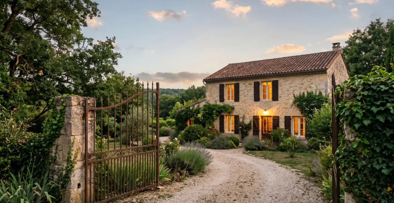 Maison familiale traditionnelle au crépuscule, symbole de transmission et de protection du patrimoine entre générations
