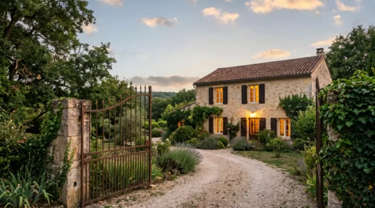 Maison familiale traditionnelle au crépuscule, symbole de transmission et de protection du patrimoine entre générations
