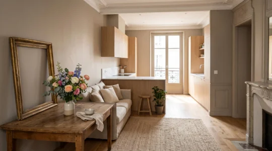 Interieur de sejour renove baigne de lumiere naturelle symbolisant la plus-value d'un bien avant sa vente