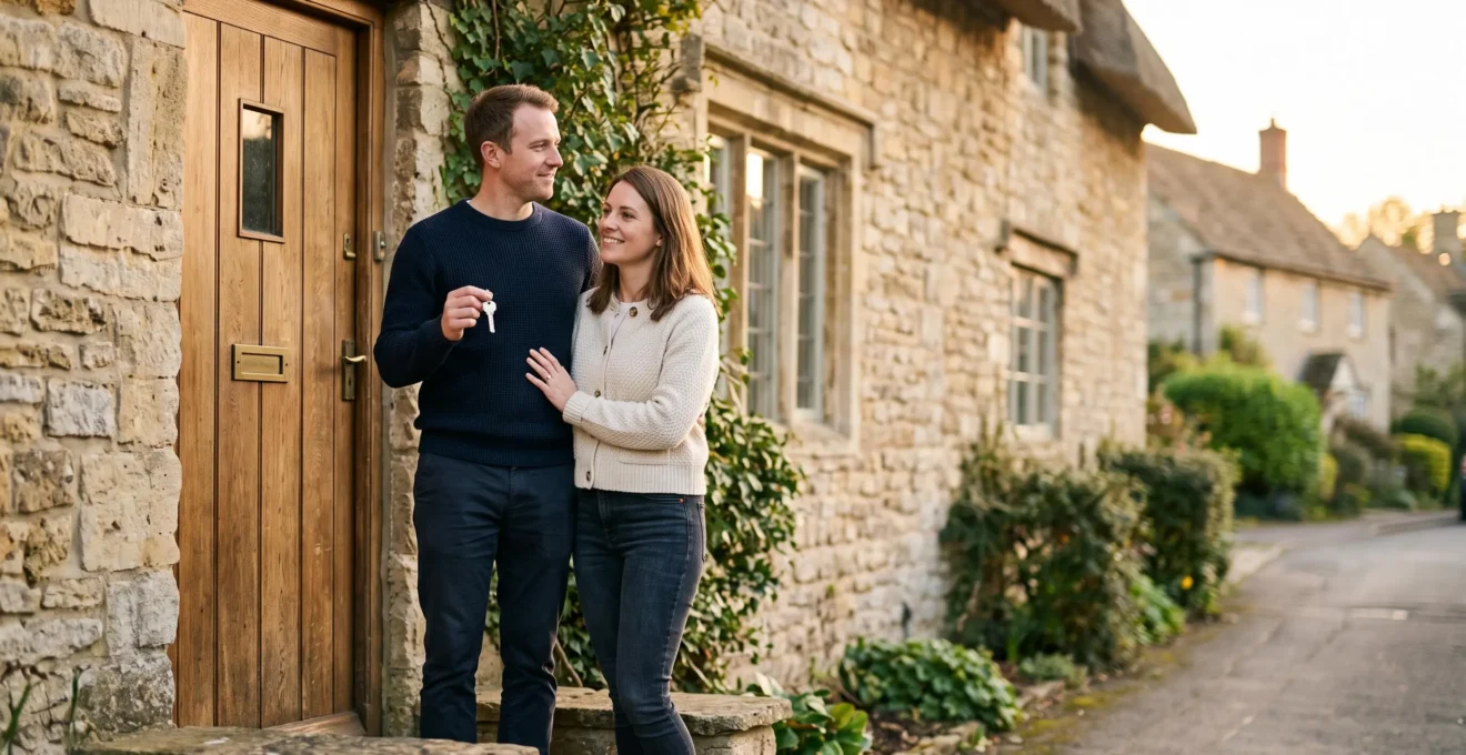Couple debout devant une maison, tenant symboliquement des clés, incarnant la réussite sereine d'un projet d'achat immobilier