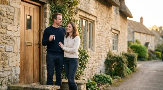 Couple debout devant une maison, tenant symboliquement des clés, incarnant la réussite sereine d'un projet d'achat immobilier