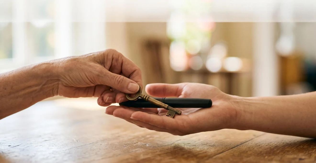 Passation symbolique d'un patrimoine familial entre générations, mains et objet précieux dans une lumière chaude