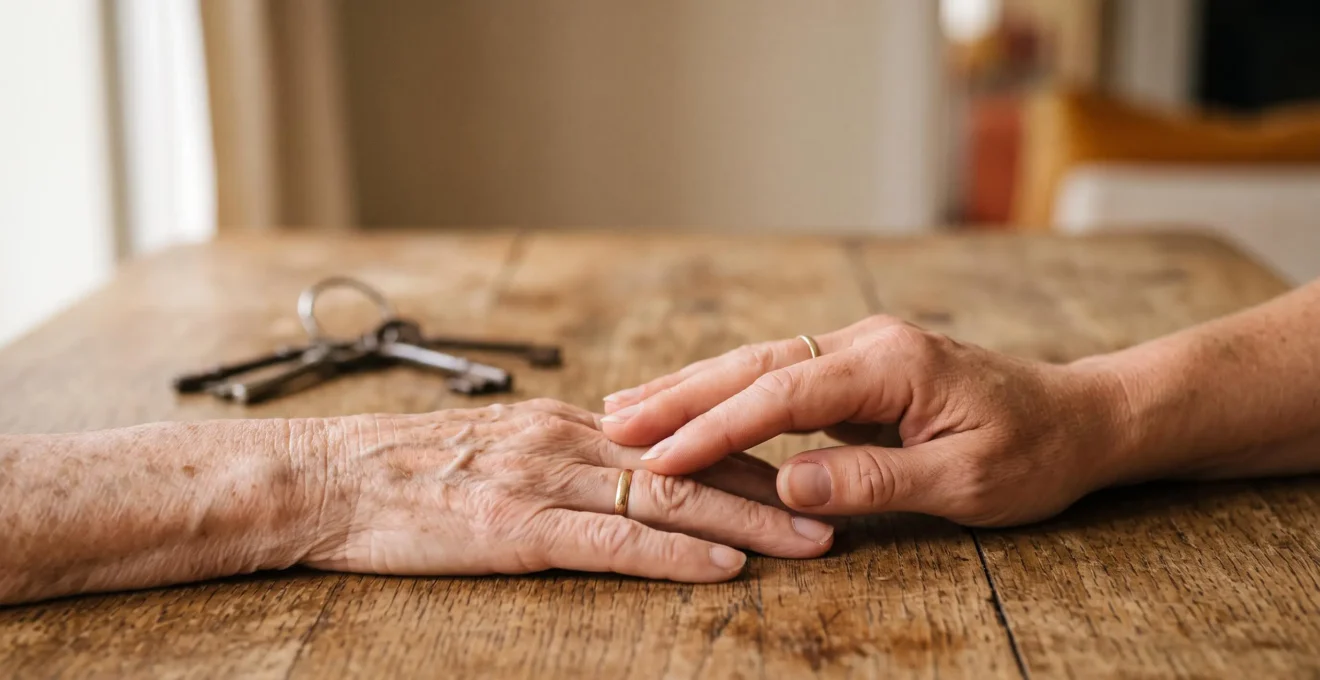 Mains d'un parent âgé et d'un adulte se rejoignant au-dessus d'une table en bois, symbolisant la transmission d'un patrimoine familial