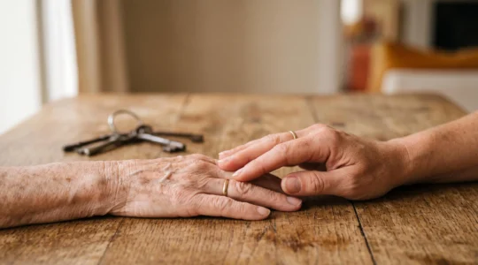 Mains d'un parent âgé et d'un adulte se rejoignant au-dessus d'une table en bois, symbolisant la transmission d'un patrimoine familial