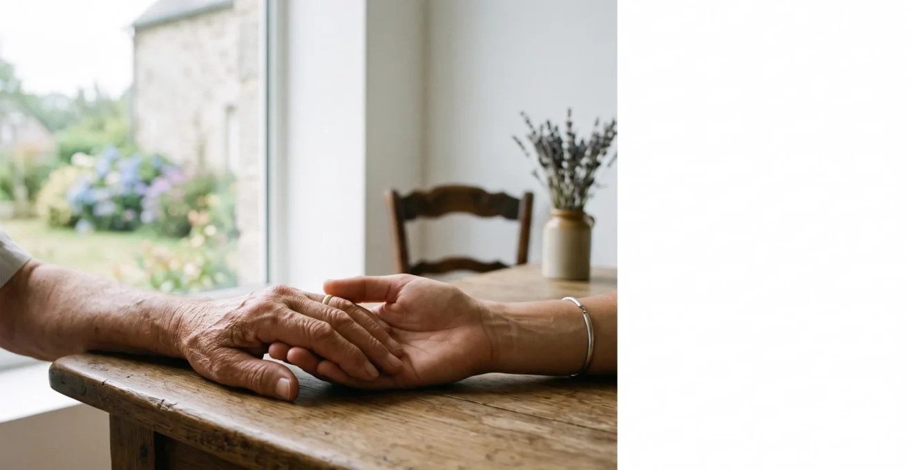 Deux mains de générations différentes posées ensemble sur une table en bois, symbolisant la transmission sereine d'un patrimoine familial