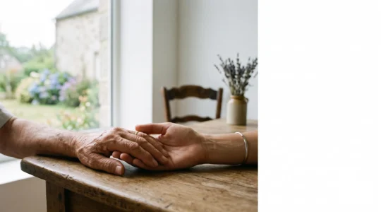 Deux mains de générations différentes posées ensemble sur une table en bois, symbolisant la transmission sereine d'un patrimoine familial