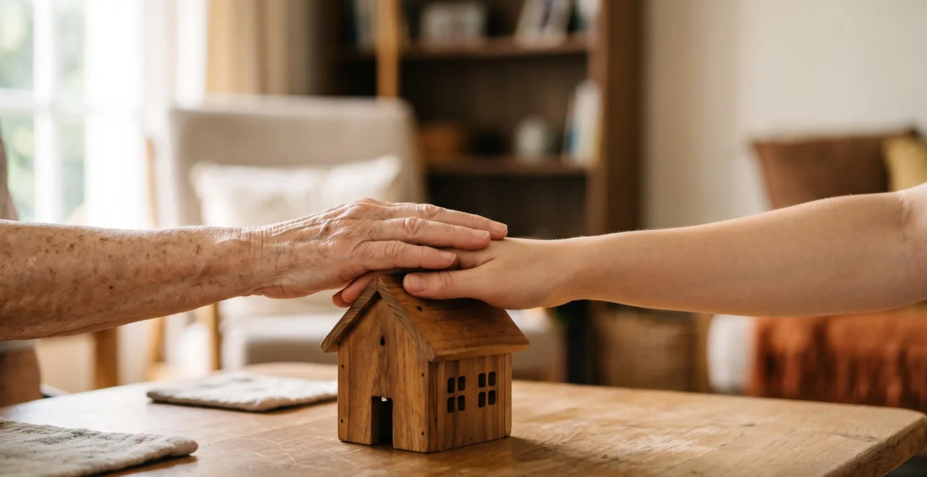 Mains d'une personne âgée et d'une main plus jeune se rejoignant au-dessus d'une maquette de maison, symbolisant la transmission de patrimoine entre générations