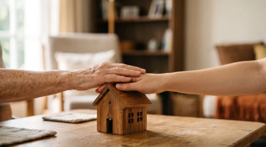 Mains d'une personne âgée et d'une main plus jeune se rejoignant au-dessus d'une maquette de maison, symbolisant la transmission de patrimoine entre générations