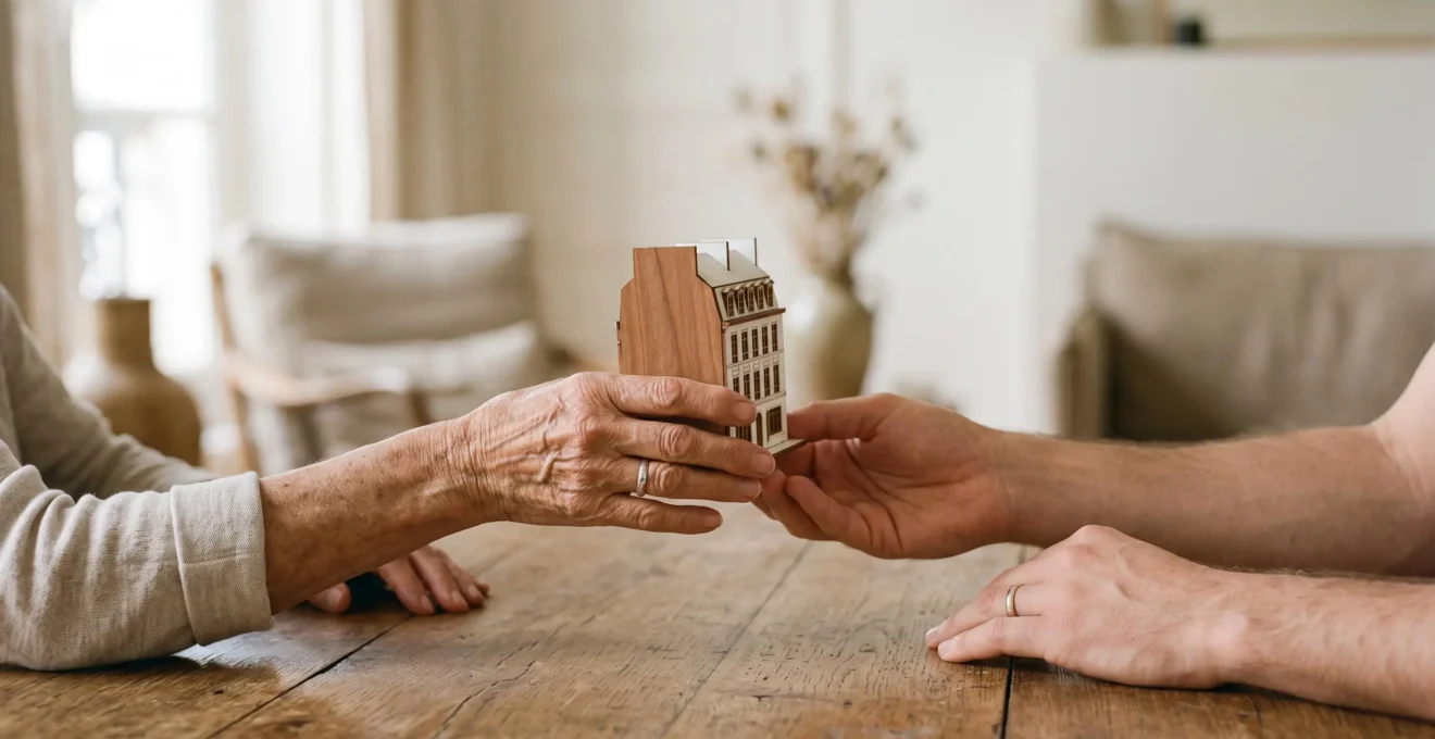 Mains d'un parent et d'un enfant se rejoignant symboliquement au-dessus d'une maquette de maison, illustrant la transmission patrimoniale par donation