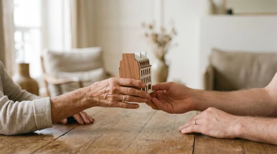 Mains d'un parent et d'un enfant se rejoignant symboliquement au-dessus d'une maquette de maison, illustrant la transmission patrimoniale par donation
