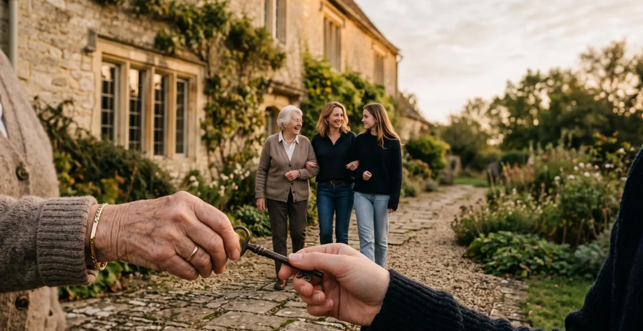 Trois générations d'une même famille marchant ensemble dans la lumière dorée, symbolisant la transmission d'un patrimoine sur le long terme