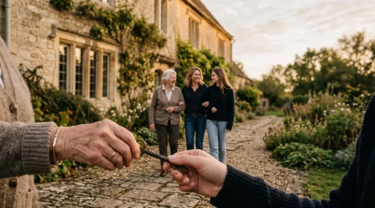 Trois générations d'une même famille marchant ensemble dans la lumière dorée, symbolisant la transmission d'un patrimoine sur le long terme