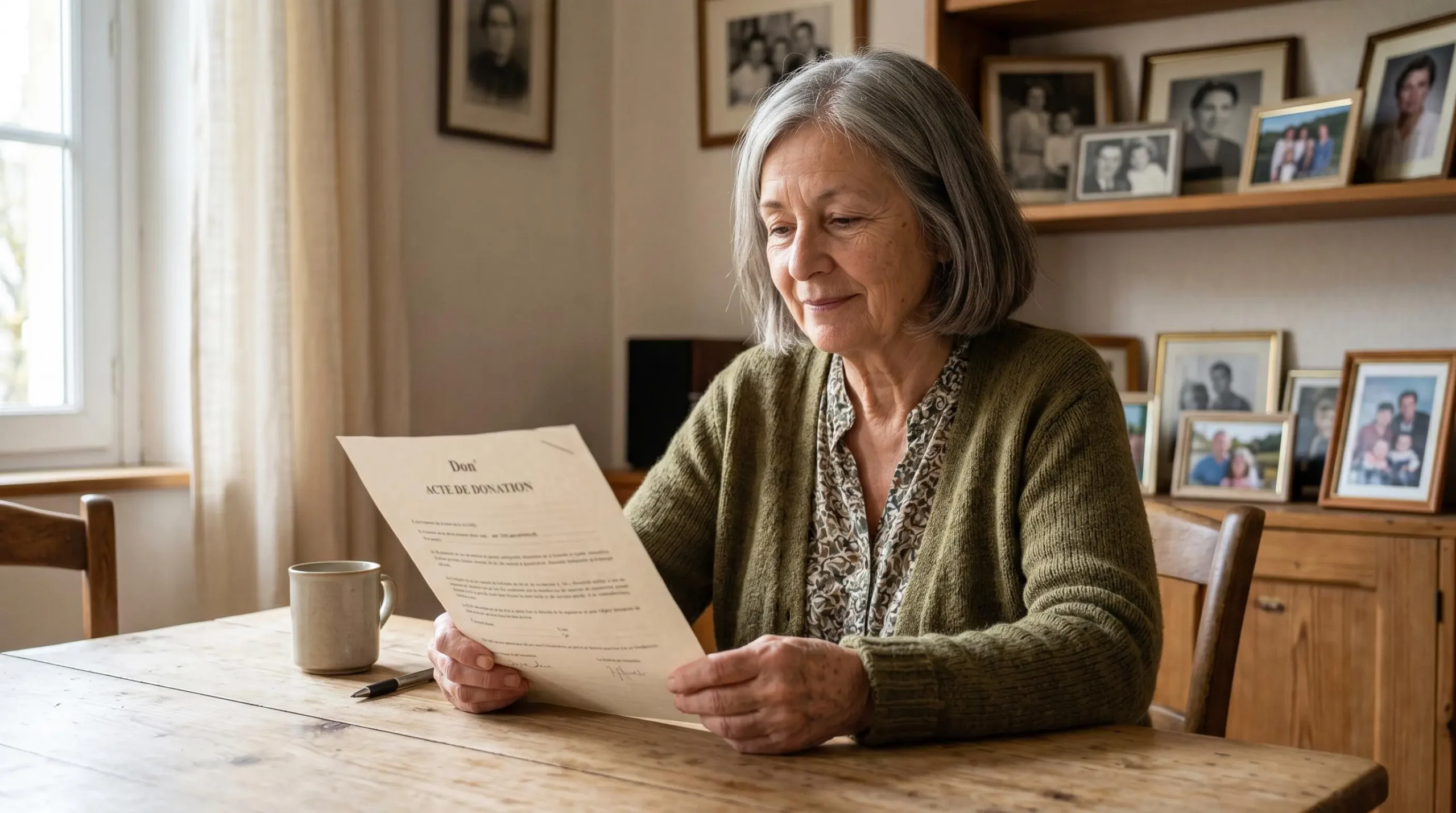 Une personne âgée souriante tenant un document de donation, entourée de photos de famille, symbolisant la transmission patrimoniale solidaire