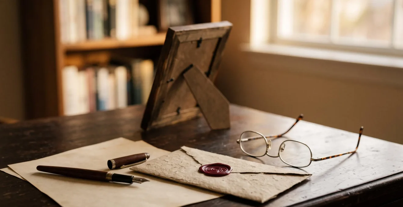 Bureau feutre avec objets symbolisant la transmission d'un heritage familial et le respect des dernieres volontes