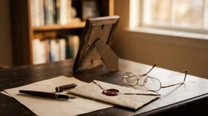 Bureau feutre avec objets symbolisant la transmission d'un heritage familial et le respect des dernieres volontes