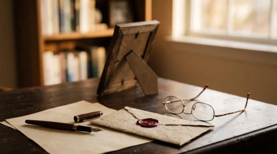Bureau feutre avec objets symbolisant la transmission d'un heritage familial et le respect des dernieres volontes